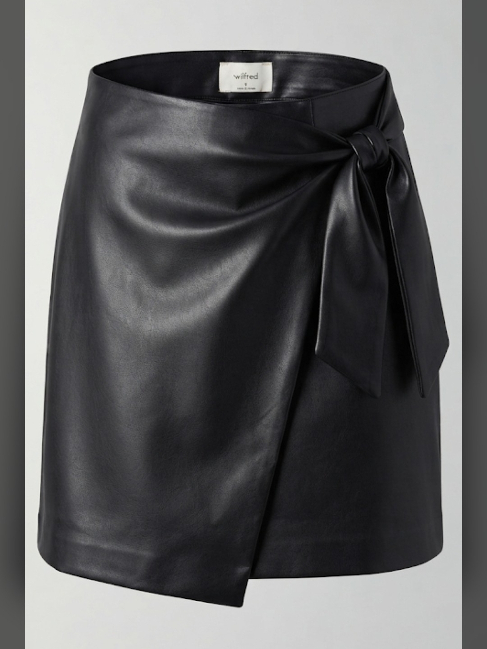 Aritzia Wilfred Black Vegan Leather Tie Waist Wrap Mini Skirt. Waist 12.5"